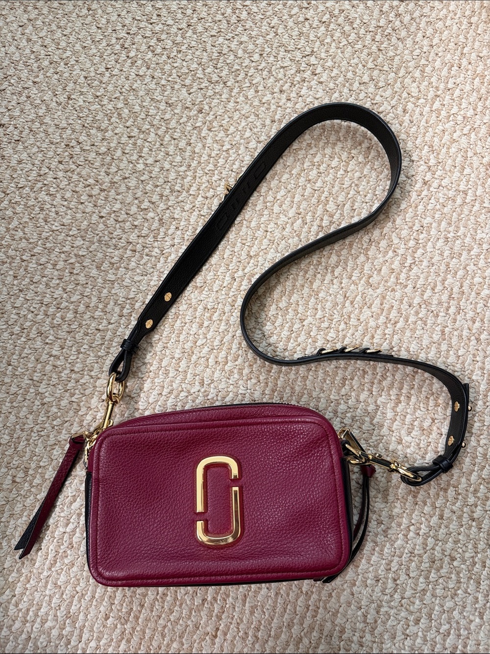 Marc Jacobs Wine Red Crossbody Snapshot Bag with Black Strap